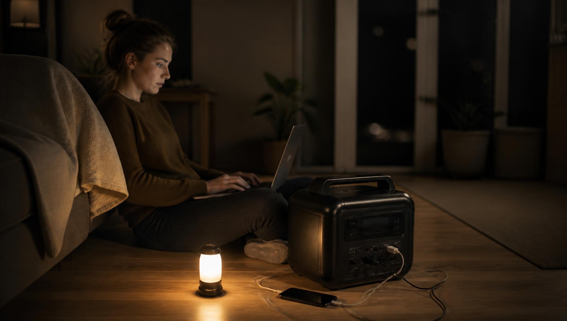 A portable power station keeping lights and devices running in a home during a night-time outage