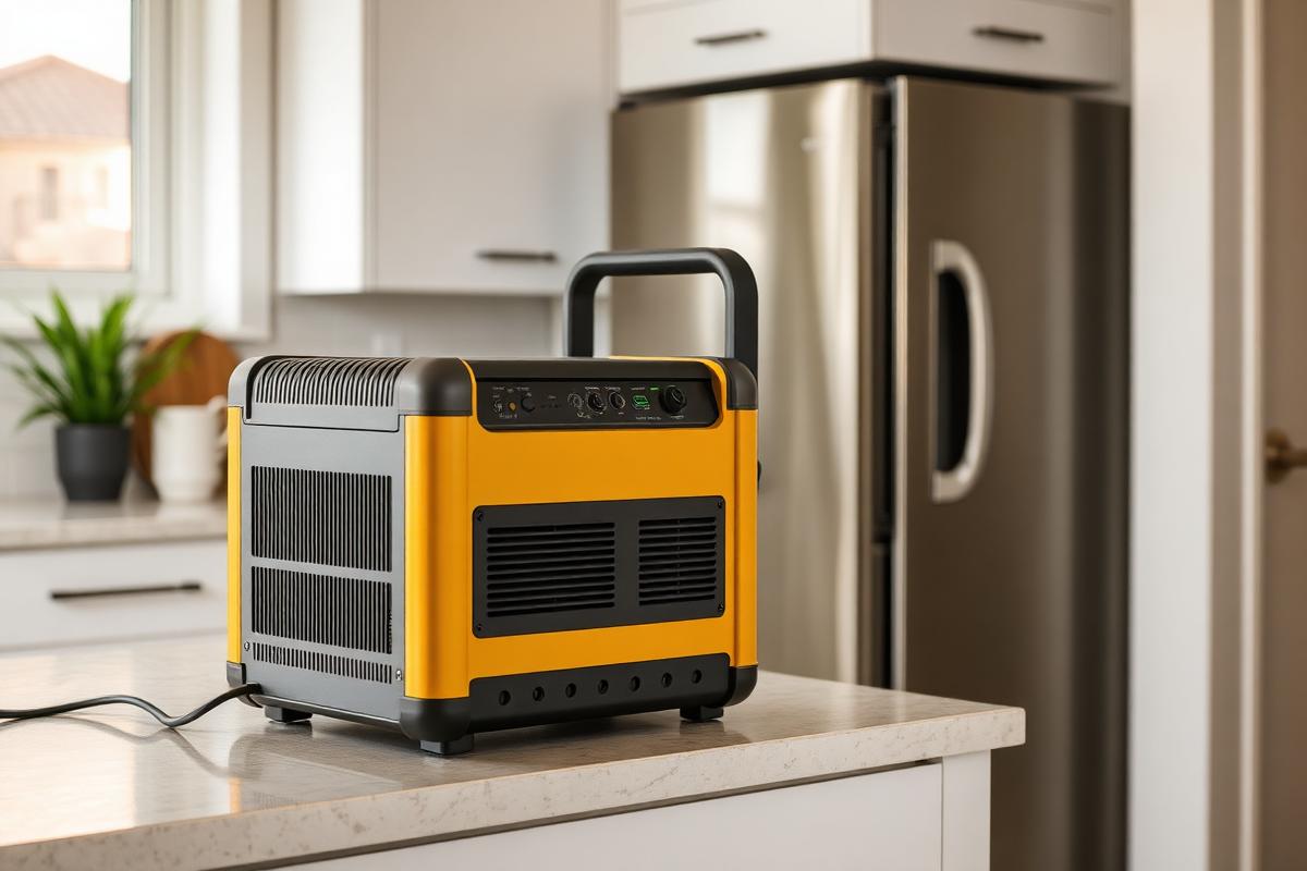 A portable power station on a kitchen counter beside a refrigerator