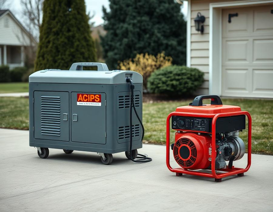 A battery power station beside a gas generator on a driveway
